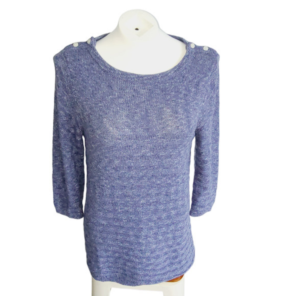 L.L. Bean Women Blue Marl Knit Sweater 3/4 Sleeve Button Shoulder Size M